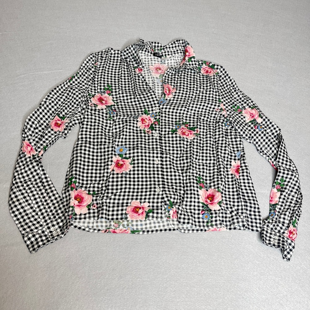 H&M‎ Divided Floral Rose Black White Checkered Button Down Shirt